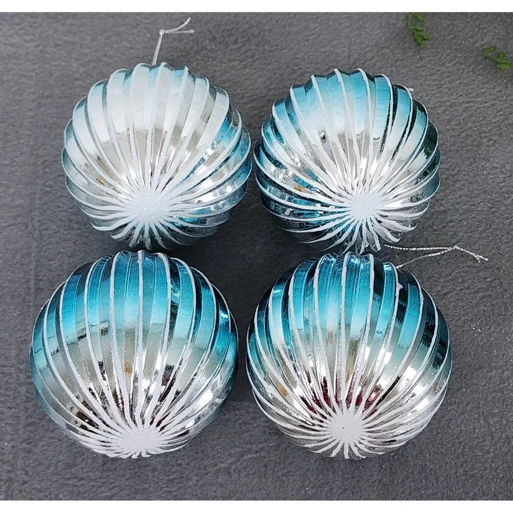 4 Blue‎ & Silver Striped Christmas Round Ball Ornaments Coastal Plastic 4
